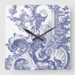 Elegante blaue französische Barock-Toile Quadratische Wanduhr