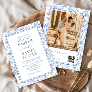 Elegante blaue französische Blumen-Photo-QR-Code Einladung