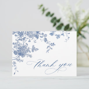 Elegante blaue französische Gartenblumen Hochzeit Dankeskarte