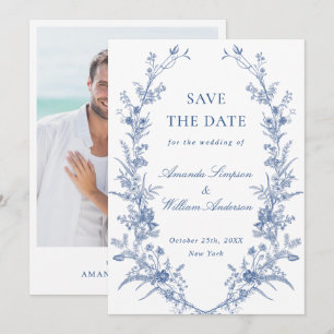 Elegante Blaue Französische Gartengesteck Hochzeit Save The Date