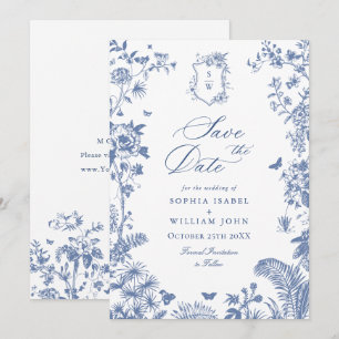 Elegante blaue französische Gartengestecke Hochzei Save The Date