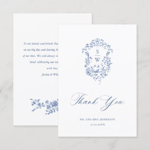 Elegante blaue französische Rosen-Garten-Blumenhoc Dankeskarte