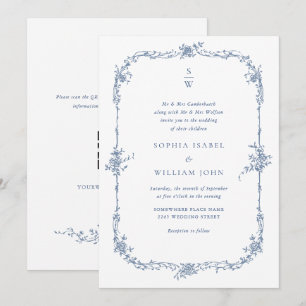 Elegante Blaue Französische Rosen Gartenhochzeit Q Einladung