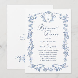 Elegante blaue französische Rosen Toile Probeessen Einladung