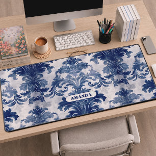 Elegante blaue französische Toile De Jouy Monogram Schreibtischunterlage