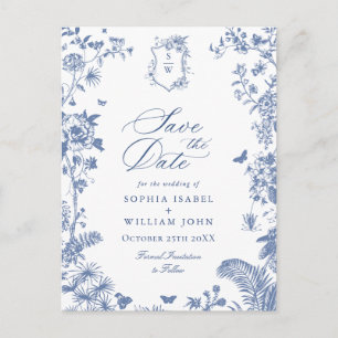 Elegante blaue französische Toile Hochzeit Save th Postkarte