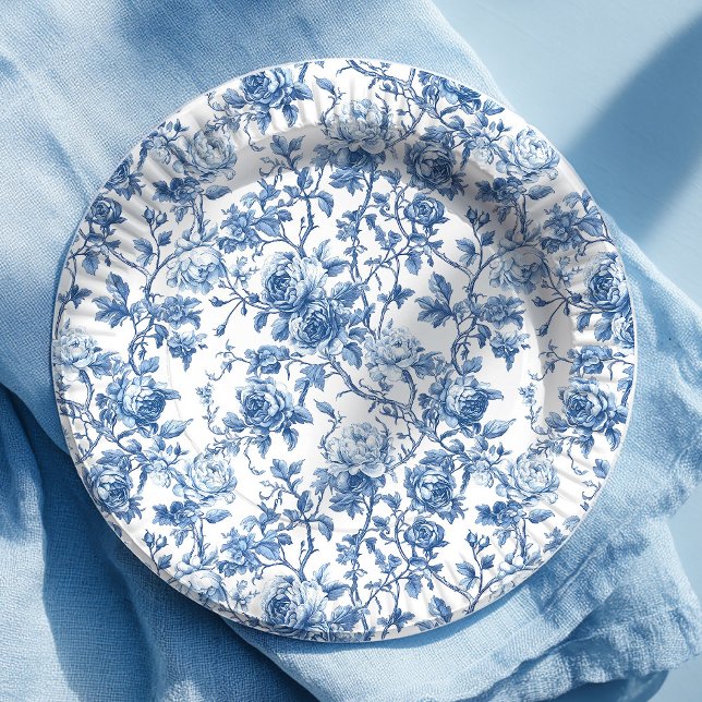 Elegante blaue französische Toile-Rosen Blumen-Pap Pappteller (Serve in style with these blue French toile de Jouy rose paper plates, featuring an elegant floral d)
