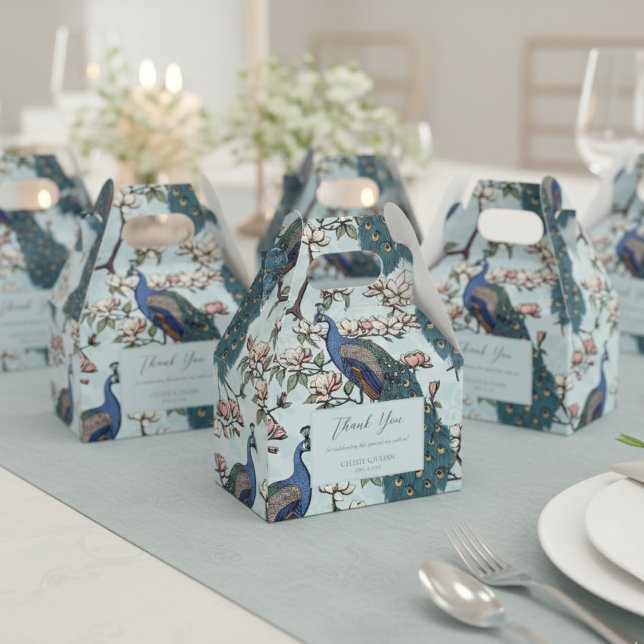 Elegante blaue Friedhöfe und Blume Blau Geschenkschachtel (Chic Floral Peacock Pattern Thank You Wedding Light Blue Favor Boxes. Elegant Teal Peacock & Flowers)