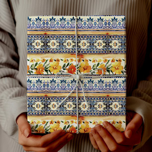 Elegante blaue gelbe mediterrane Blumenglasur Geschenkpapier
