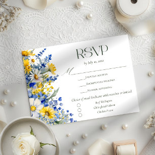Elegante Blaue Gelbe Wilde Blumen Hochzeitsmenüwah RSVP Karte
