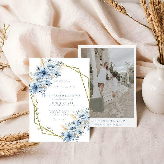 Elegante blaue, geometrische Rahmen Blütenhochzeit Einladung (Von Creator hochgeladen)