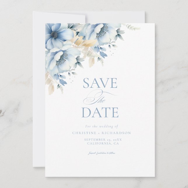 Elegante blaue, geometrische Rahmen Blütenhochzeit Save The Date (Vorderseite)