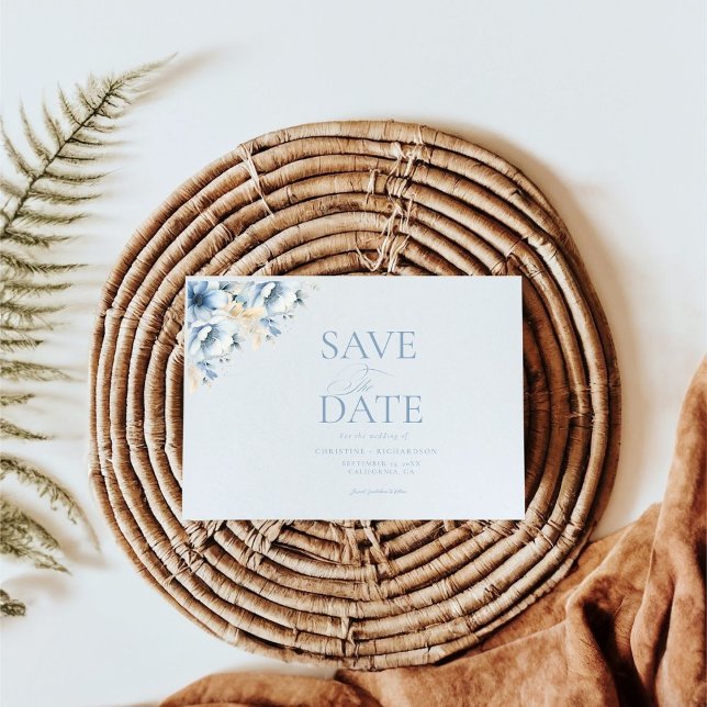 Elegante blaue, geometrische Rahmen Blütenhochzeit Save The Date (Von Creator hochgeladen)