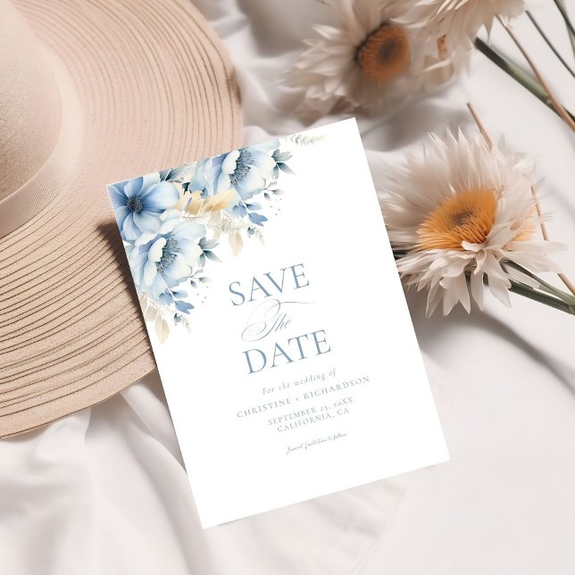 Elegante blaue, geometrische Rahmen Blütenhochzeit Save The Date (Von Creator hochgeladen)