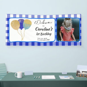 Elegante blaue Gingham Glitter Ballons 1. Geburtst Banner