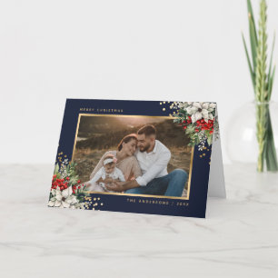 Elegante blaue Gold Botanik Foto Weihnachtskarte Karte