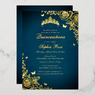 Elegante blaue Gold-Tiara-Rose Quinceanera Folieneinladung