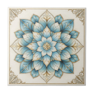 Elegante Blaue Goldene Blumen-Mandala-Keramikflies Fliese