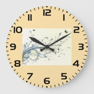 Elegante blaue goldene Blumenwirbel mit Schmetterl Große Wanduhr