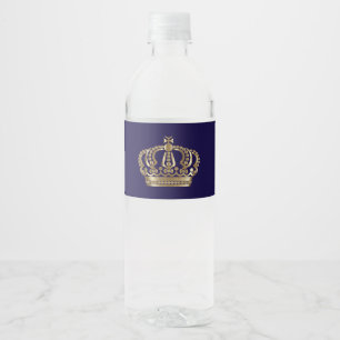 Elegante Blaue Goldene Kronen Hochzeit Wasserflaschenetikett