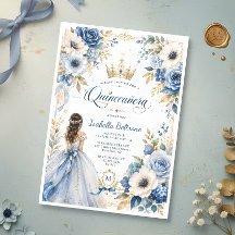 Elegante Blaue Goldene Prinzessin Florale Quinceañ