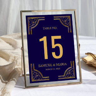 Elegante blaue goldene verzierte Hochzeitstisch-Nu Tischnummer
