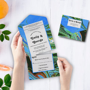 Elegante blaue grüne abstrakte Ölmalerei Hochzeit All In One Einladung