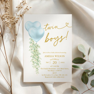 Elegante blaue Herzballons Zwillinge Jungen Baby S Einladung