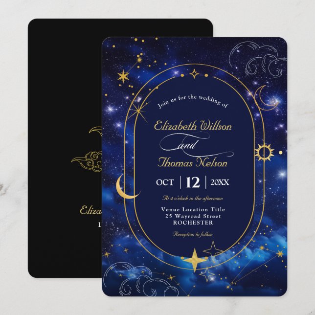 Elegante, blaue himmlische Einladung (Vorne/Hinten)