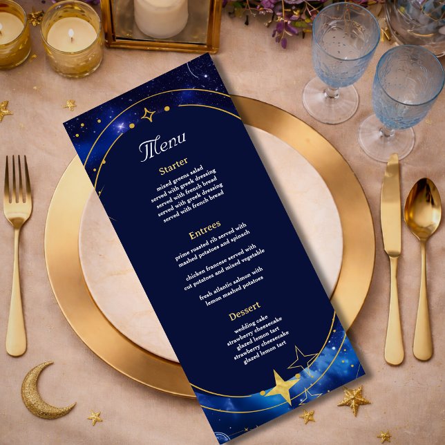 Elegante blaue Hochzeit Menükarte (Von Creator hochgeladen)