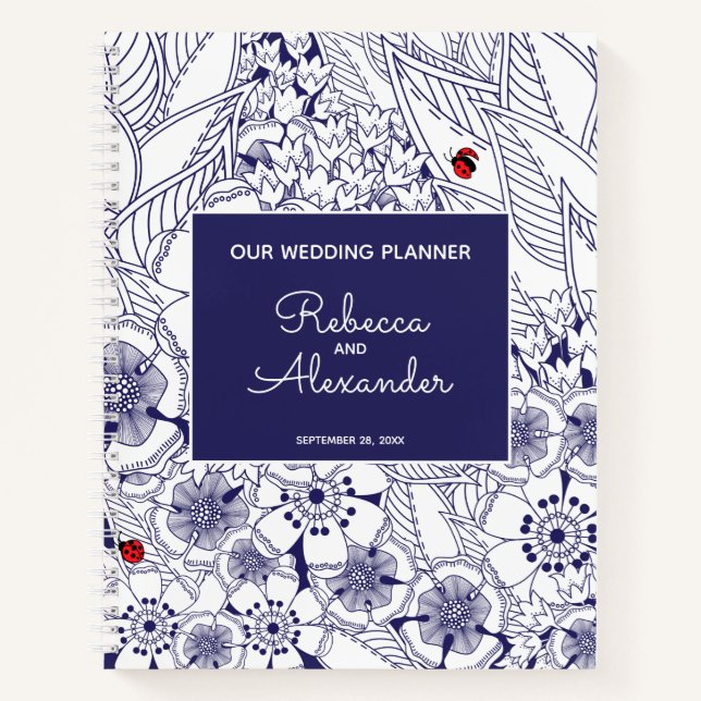 Elegante Blaue Hochzeitsplanung Notizbuch (Vorderseite)
