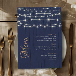 Elegante Blaue Holz-Lichterkette Hochzeit Menükarte