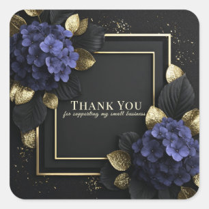 Elegante Blaue Hortensie mit schwarzen und goldene Quadratischer Aufkleber