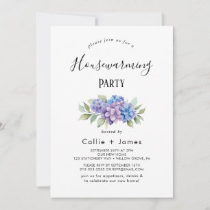 Elegante Blaue Hortensie   Weiße Einweihungsparty  Einladung