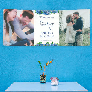 Elegante Blaue Hortensien 2 Foto Hochzeitsbegrüßun Banner