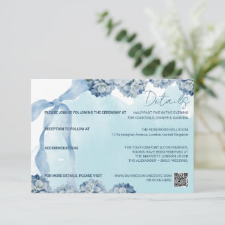Elegante Blaue Hortensien-Aquarell-Details-Karte RSVP Karte