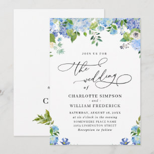 Elegante Blaue Hortensien-Aquarell-Grün-Hochzeit Einladung