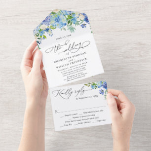 Elegante Blaue Hortensien-Aquarell-Grünzeug-Hochze All In One Einladung