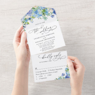 Elegante Blaue Hortensien-Aquarell-Grünzeug-Hochze All In One Einladung