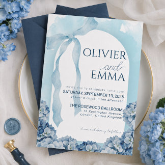 Elegante Blaue Hortensien-Band-Hochzeit Einladung