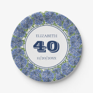 Elegante blaue Hortensien-Blumen zum 40. Geburtsta Pappteller