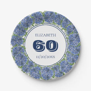 Elegante blaue Hortensien-Blumen zum 60. Geburtsta Pappteller