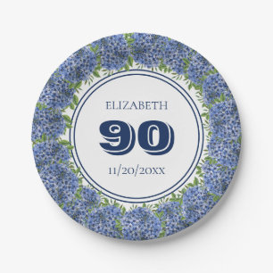 Elegante blaue Hortensien-Blumen zum 90. Geburtsta Pappteller