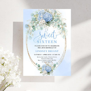 Elegante Blaue Hortensien Gold Sweet Sixteen Einla Einladung
