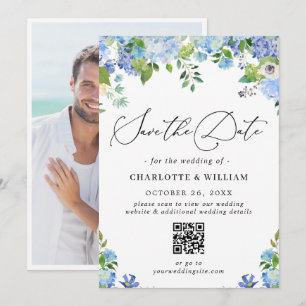Elegante Blaue Hortensien-Grünpflanzen-Foto-Hochze Save The Date