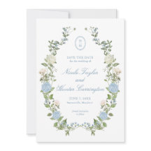 Elegante blaue Hortensien-Monogramm-Save-the-Date-
