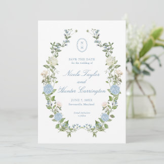 Elegante blaue Hortensien-Monogramm-Save-the-Date- Einladung