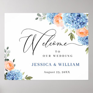Elegante Blaue Hortensien Rosa Rosen Hochzeit Poster
