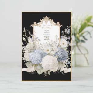 Elegante Blaue Hortensien Schwarze Vintage-Hochzei Einladung