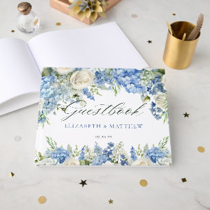 Elegante blaue Hortensien weiße Rosen Blumenhochze Gästebuch